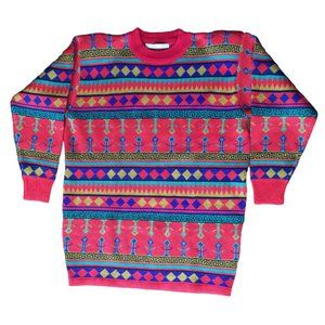 Vintage 90s Alps Geyser Slouchy Tribal Pattern Crewneck Bright Knit Sweater Sz M